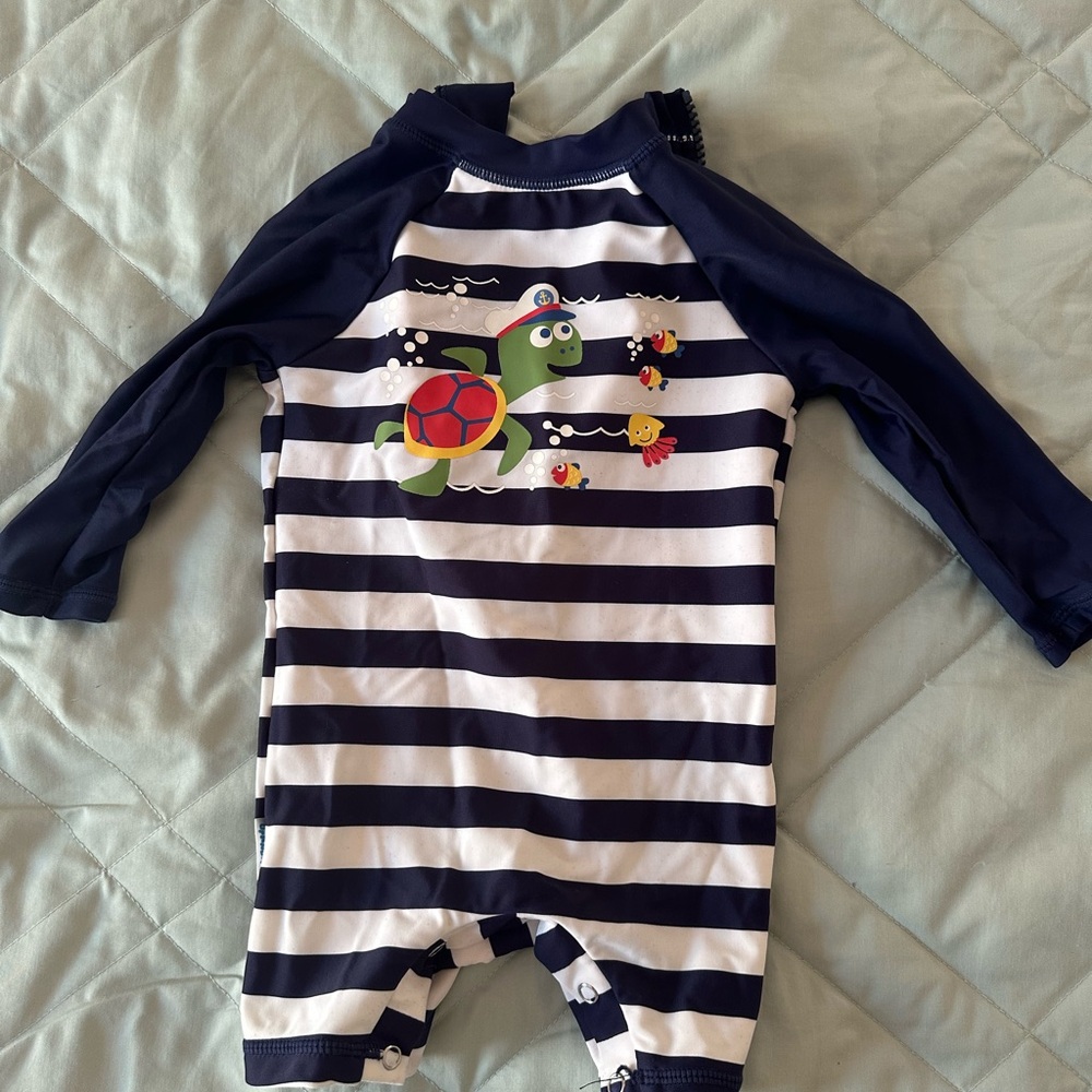 Navy and White Striped Kids Swim One Piece with Turtle Design